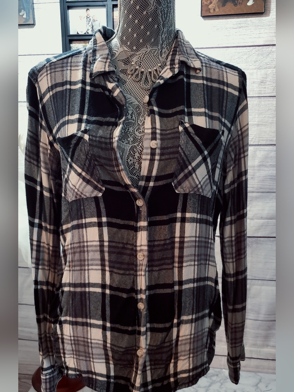 Black & White Plaid Button-Up Shirt
